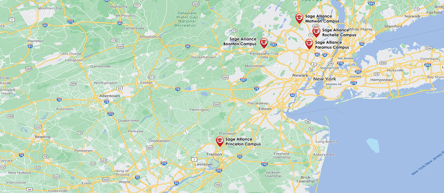 Map of New Jersey state showing New Story Sage Day School Locations